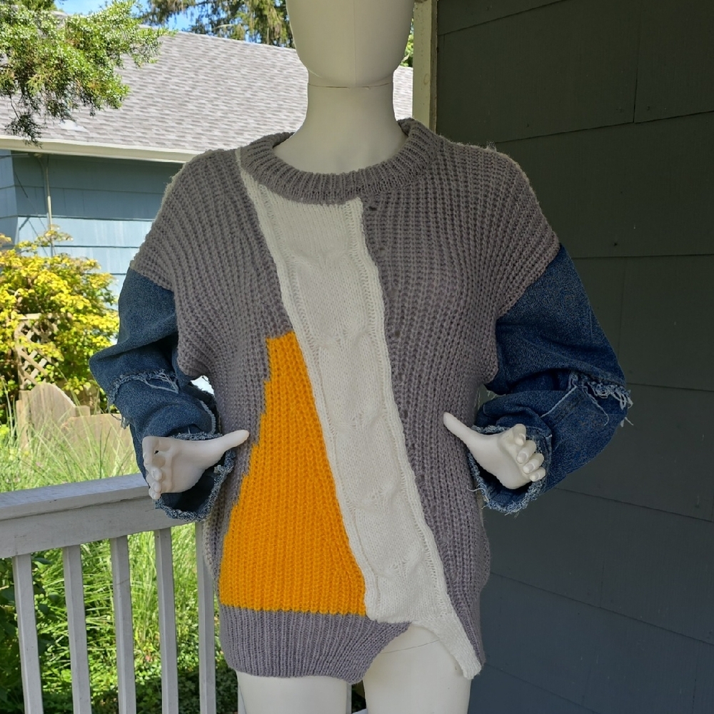 Funky Oversized Knit Sweater With Denim Sleeves